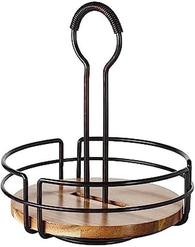 Mikasa Gourmet Basics Hanover Condiment Caddy with Rotating Caddy Organizer Design, Acacia Wood Insert - Durable, BPA-Free, Heavy-Gauge Carbon Structured Steel for Condiment Storage