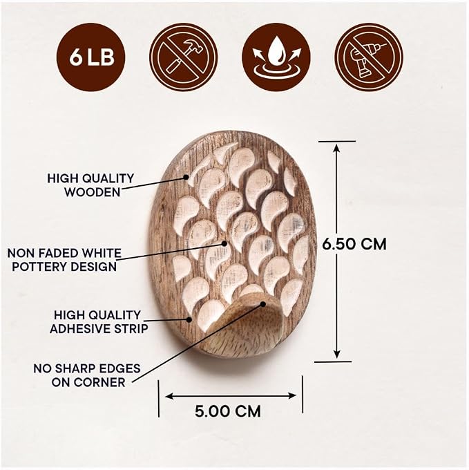 IndianShelf 6 Lb- 24 Pieces Decorative Wood Adhesive Wall Hooks–Boho Peel and