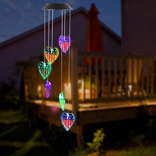 American Flag Solar Wind Chimes, Heart-Shaped Love Patriotic Wind Chime Color Changing Solar Lights for Garden Patio Home Decor