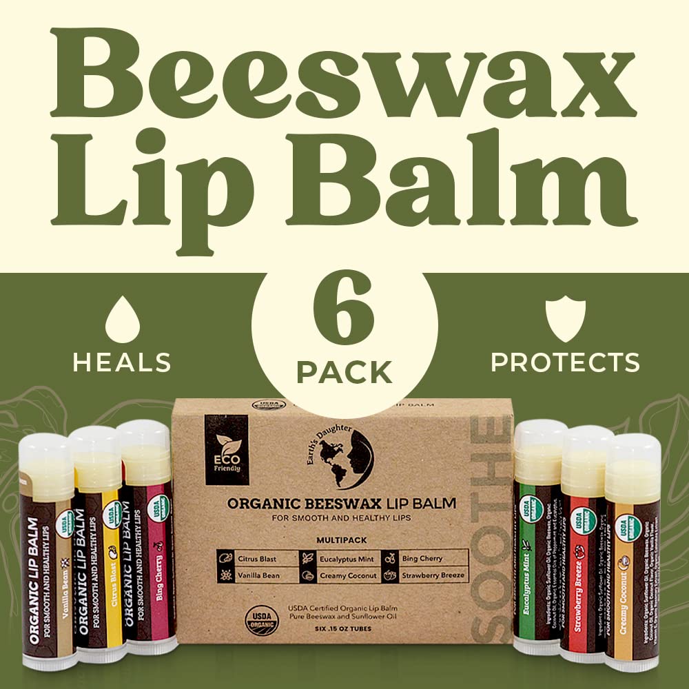 Earth's Daughter USDA Organic Lip Balm 6-Pack - Fruit Flavors, Beeswax, Coconut Oil, Vitamin E - Best Lip Repair Chapstick for Dry Cracked Lips - Moisturizing Lip Care
