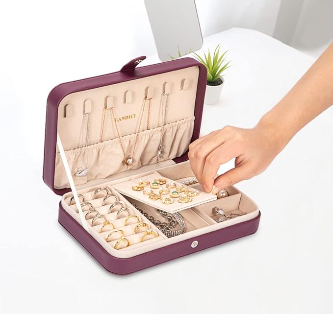 LANDICI Small Jewelry Box for Women Girls, PU Leather Travel Jewelry Case, Portable Jewelry Organizer Storage Holder Display for Ring Earrings Necklace Bracelet Bangle Men Kids Gift, Purple
