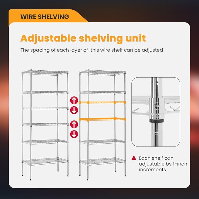 BestOffice Adjustable Wire Shelving Storage Shelves Heavy Duty Shelving Unit for Small Places Kitchen Garage (Chrome, 13" D x 23" W x 59" H)