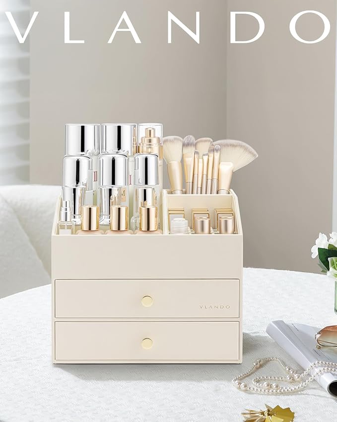 Vlando Makeup Organizer for Vanity,Large Capacity Countertop Organizer with Drawers, PU Leather Cosmetic Display Case for Lipstick,Brushes,Skincare,Bedroom Storage (Beige)
