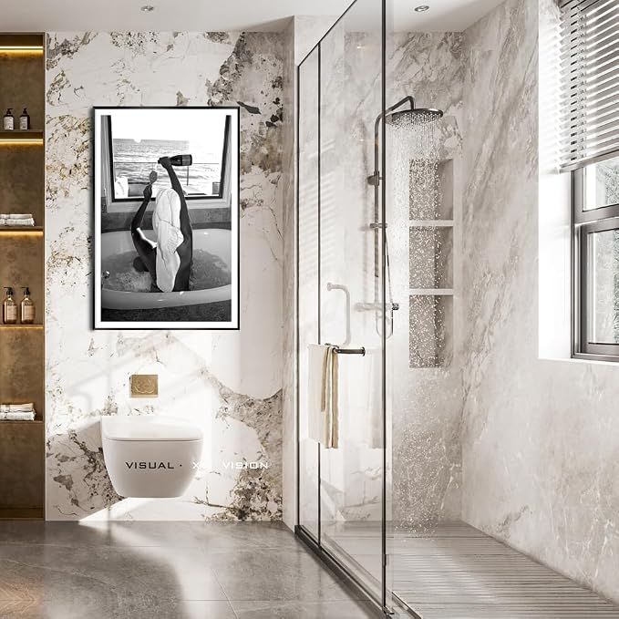 Trendy Black and White Poster Funny Woman Drinking Wine in Bathtub Wall Art