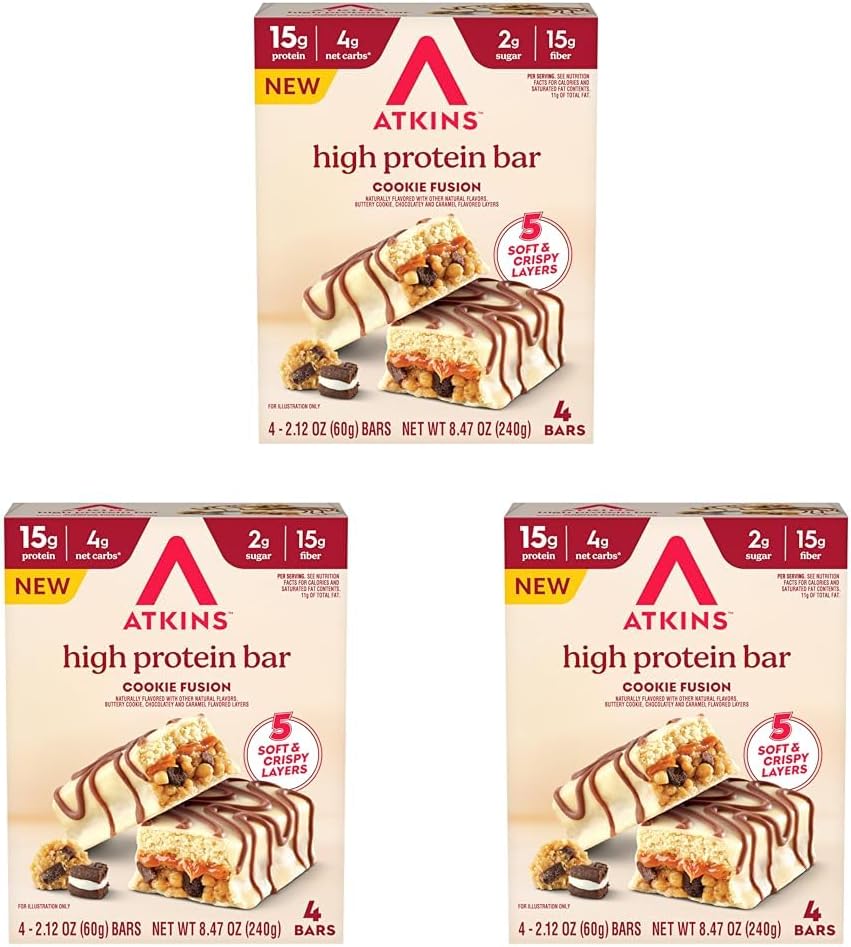 Atkins High Protein Bars, Cookie Fusion Flavor, 15g of Protein, 4g Net Carbs, Keto Protein Bars, Low Sugar, 4 Count