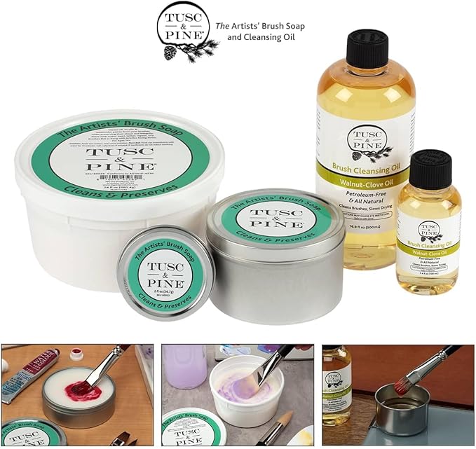 Tusc & Pine The Artists' Brush Soap - 2oz Plant-Based Brush Cleaner, Oil, Acrylic, Watercolor Paint - Nourishes Bristles; Made in North Carolina; Alkali Soap, Gentle Pine Fragrance