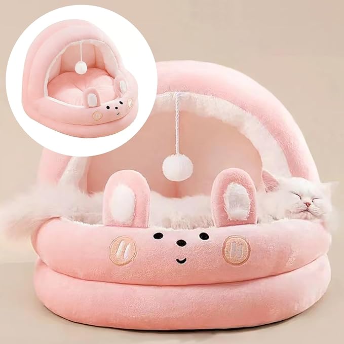 Cat Bed for Indoor Cats, Dog Bed with Anti-Slip Bottom, Rabbit-Shaped Cat/Small Dog Cave with Hanging Toy, Puppy Beds with Removable Cotton Pad, Super Soft Calming Pet Sofa Bed (Pink, Small)