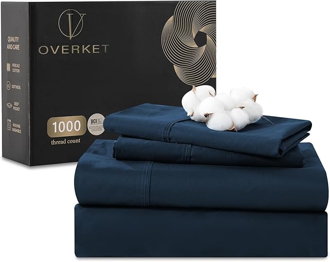 100% Egyptian Cotton Sheets Cal King Sheet Set 1000 Thread Count Sateen Weave Soft Breathable 16-Inch Deep Pocket 4PCS（California King,Navy）