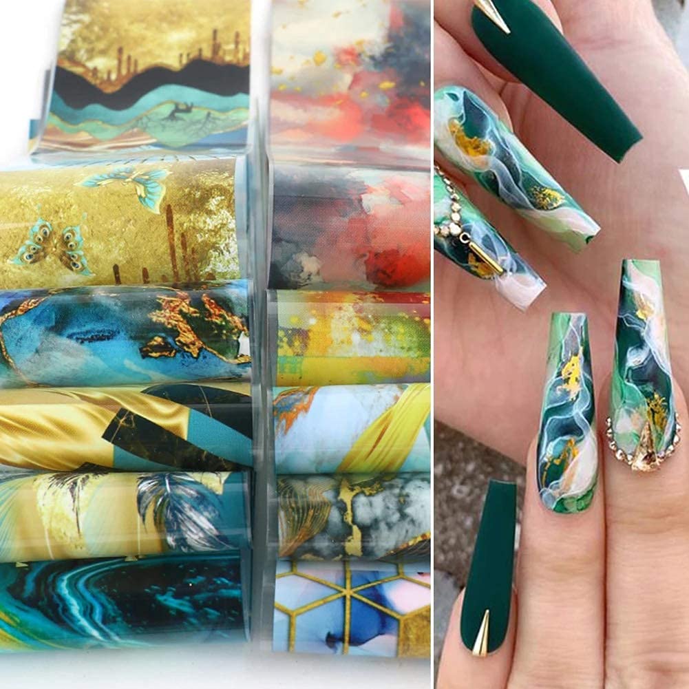 Marble Nail Foils Transfer Stickers Nail Art Supplies Foil Transfers Decals Holographic Marble Starry Sky Nail Foil Design Sticker for Women Acrylic Nails DIY Manicure Tips Wraps Decoration 10 Sheets