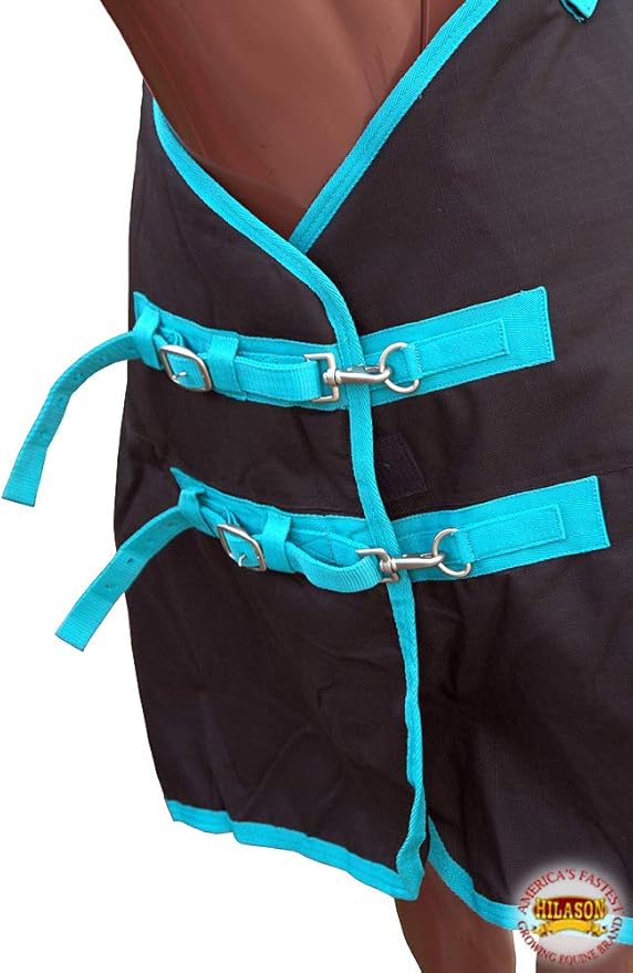 Black with Turquoise Trims 75 inch HILASON 1200D Winter Waterproof Poly Horse Turnout Blanket Belly Wrap