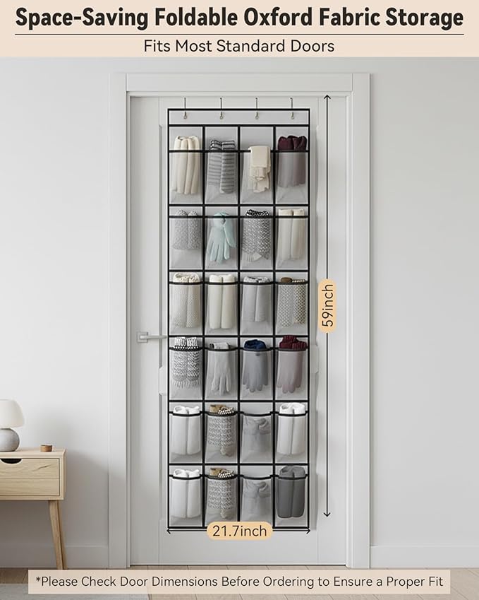 dodowin Over the Door Shoe Organizer Rack, 24 Large Breathable Mesh Pockets, Foldable Hanging Storage Holder for Closet Door, Space Saving Shoe & Accessory Organizer with 4 Metal Hooks, Gray