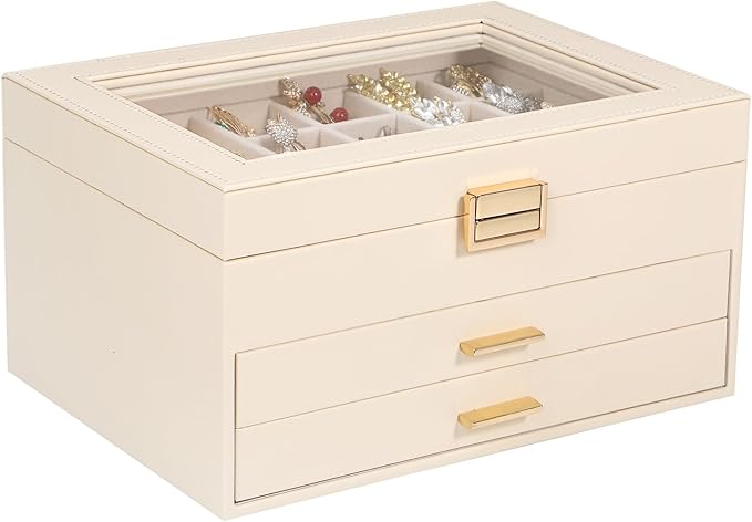 Voova Jewelry Box Organizer for Women Girls, 3 Layer PU Leather Jewelry Storage Case with Glass Lid & 2 Drawers, Large Jewellery Display Holder for Necklaces Rings Earrings Bracelets, Apricot