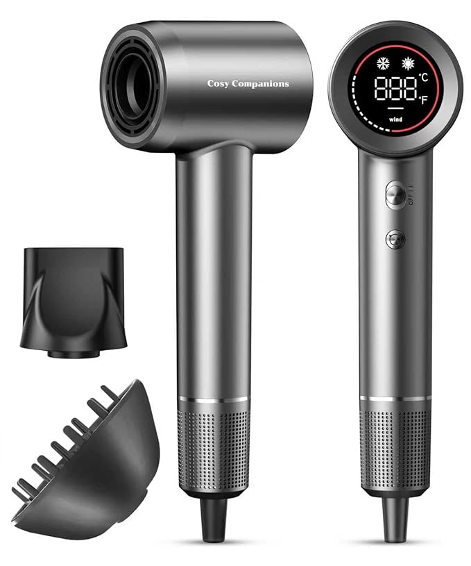 Cosy Companions Hair Dryer - Negative Ionic Blow Dryer with 150000 RPM High Speed Brushless Motor for Fast Drying, Low Noise, HD Display Hair Dryer with Diffuser and Nozzle, 5 Temps & 2 Speeds