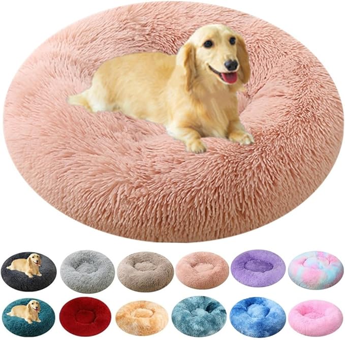 Calming Donut Dog & Cat Bed, 36 Inch Round Fluffy Dog Beds for Small Medium Large Dogs and Cats Anti-Anxiety, Puppy Bed, Washable Round Cozy Soft Pet Bed (Pink)