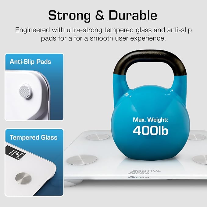 Active Era Digital Bathroom Bluetooth Scales Weight and Body Fat - Fit Track Scale Calculates BMI, Body Fat Percentage, Muscle Mass - Apple Health, Google Fit & Fitbit Compatibility (White)