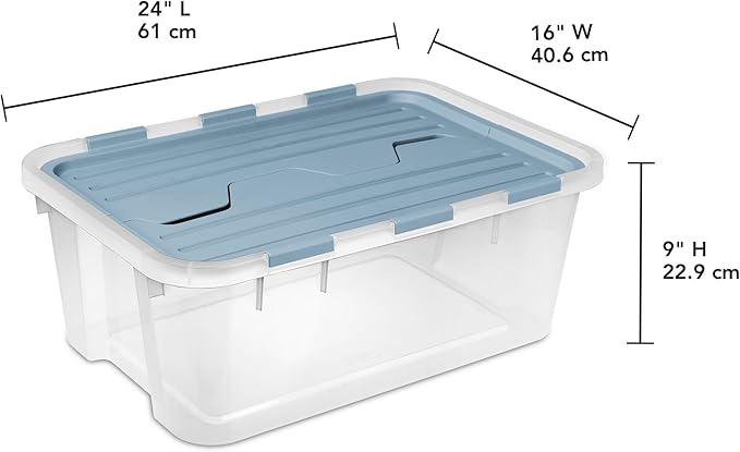 Sterilite 18 Pack Hinged Lid Storage Box, 40 Qt Plastic Container, Washed Blue - Home Organizer Tote for Storing Shoes, Crafts, Clothing, or Decor