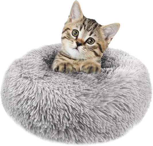 otoez Kitten Puppy Bed Extra Small XS Round Dog Cat Beds Anti Anxiety Plush Pet Calming Donut Bed with Non-Slip Waterproof Bottom, Washable (15.7", Light Grey)