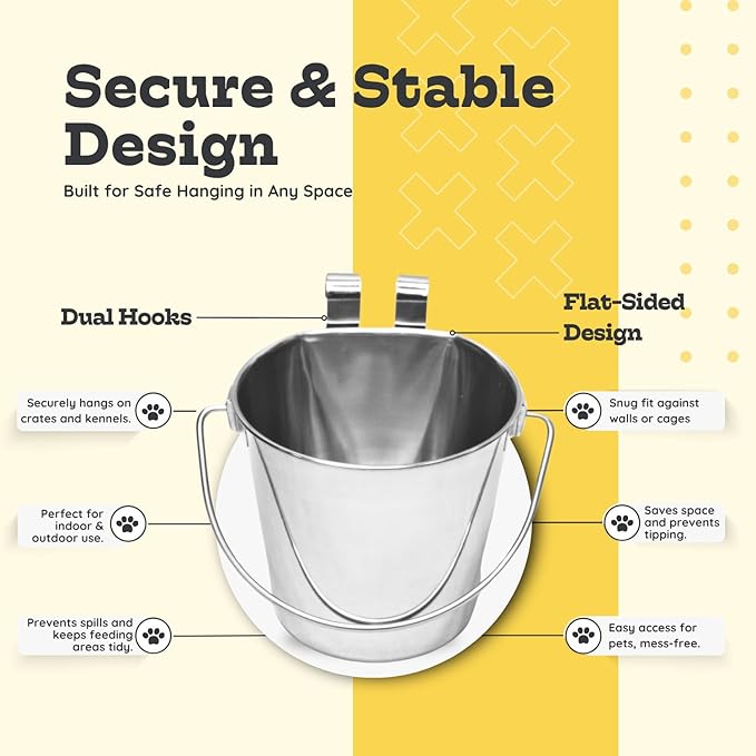 4 Quart Stainless Steel Flat Sided Bucket with Dual Hooks | 1 gal Durable Food & Water Bowl for XL Dogs, Cats, Goat & Livestock | Fits kennel Cage Critter Crate | Hanging Utility Pet Pail