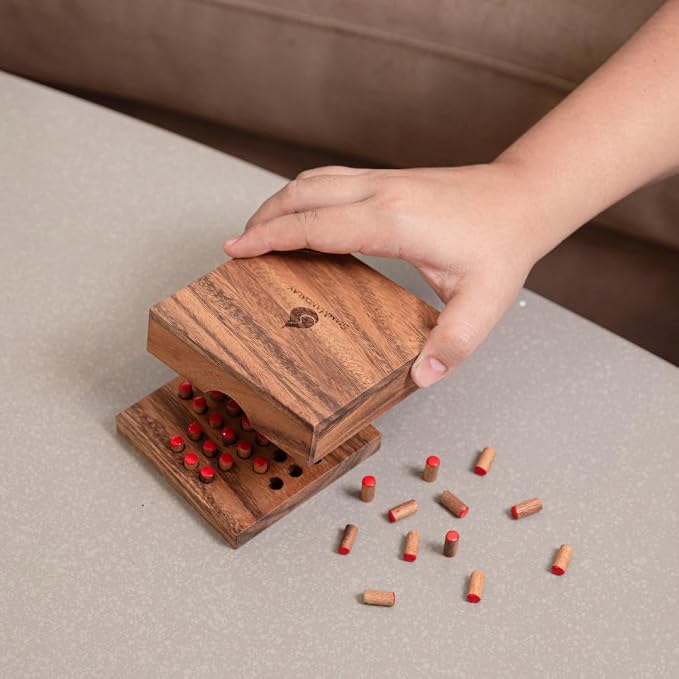 Wood Solitaire Game Classic Peg Solitaire Board Premium Wooden Design Single Player Brain Teaser Strategy Puzzle for Brain Training Tabletop Indoor (Jump All but one)