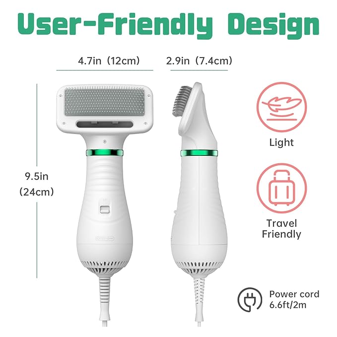 Dog Hair Dryer, 2-in-1 Dog Blow Dryer with Slicker Brush, 300W Pet Hair Dryer for Small and Medium-Sized Dogs and Cats, Dog Grooming Dryer Portable ＆ Adjustable Temperature