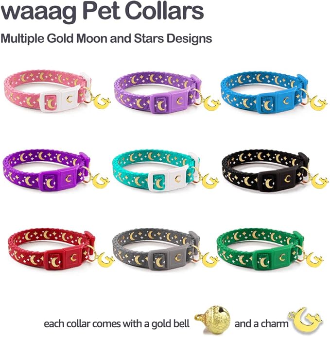 waaag Gold Moons and Stars Safety Breakaway Cat Collar, Glow in The Dark (Standard 9"-15" Neck, Black)