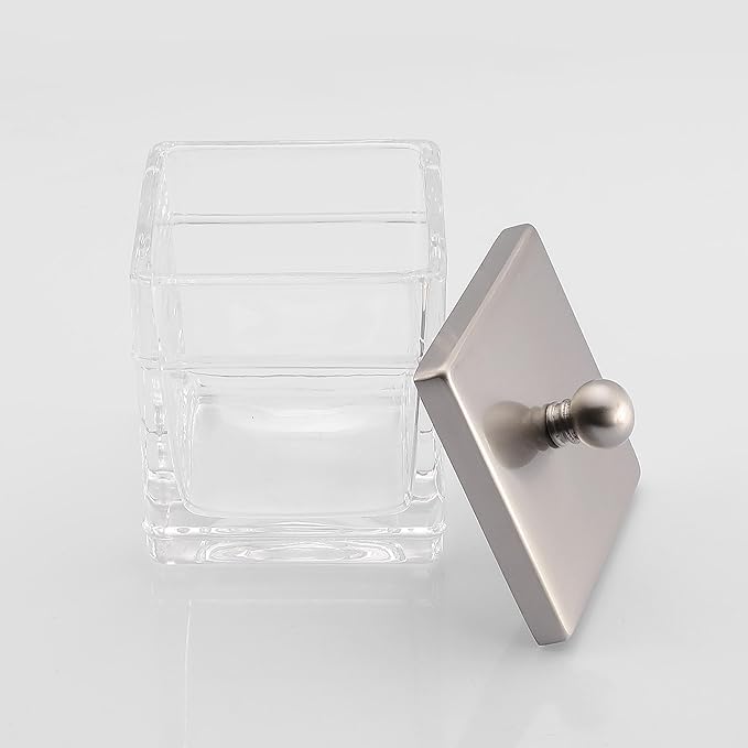 Glass Cotton Jar Holder 2 Pack– Satin Nickel Lid, Elegant Bathroom Storage Canister for Qtips, Cotton Balls, Floss, Makeup Organizer, Vanity & Bathroom Organization