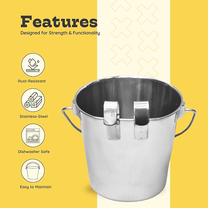 9 quart Stainless Steel Flat Sided Bucket with Dual Hooks | 2.25 gal Food & Water Bowl for XL Dog Goat Sheep Cattle Horse & Livestock | Fits kennel Crate Cages Farm | Hanging Utility Pail