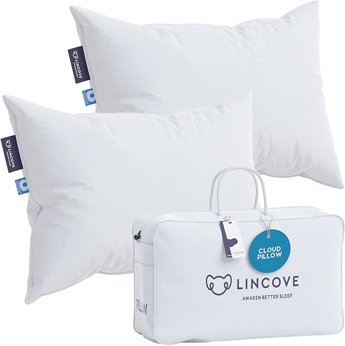Lincove Cloud Natural Canadian Down Pillow, White Luxury Sleeping Pillow - 625 Fill Power, 500 Thread Count Cotton Shell, Made in Canada, Standard - Soft, 2 Pack