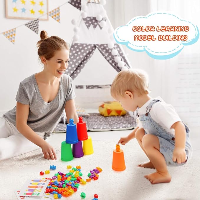 Bmag Counting Bears with Matching Sorting Cups,Number Color Recognition STEM Educational Toy for Toddler, Pre-School Learning Toy with 90 Bears,2 Tweezers,11 Activity Cards,1 Storage Box