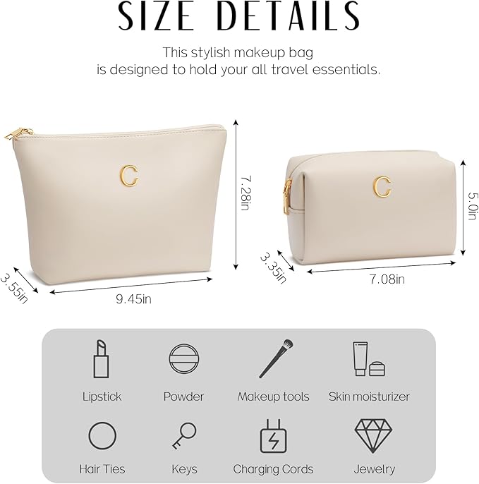 Valentine's Day Gifts for Women Girlfriend Initial Makeup Bag for Teen Girls Personalized Gifts for Friend Teacher Mom Wife Cosmetic Travel Toiletry Bag(Beige,C)