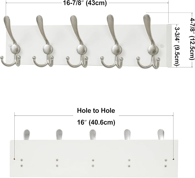 SKOLOO Creations White Solid Wood Wall Mounted Coat Rack, 5 Hooks, 16-7/8" Long