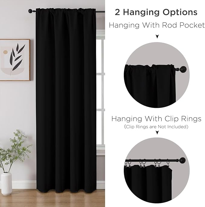 CUCRAF Black Blackout Curtains 96 inch Length 2 Panels Set, Rod Pocket Room Darkening Drapes for Bedroom Living Room, Insulated Thermal Light Blocking Window Curtain (W52 x L96 Inch)