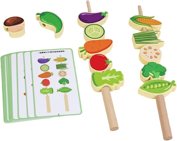 Menolana Children Cognitive Game Fruit Threading Toy Set with Wooden Lacing Beads Pattern Cards Stacking Creative Role Play Props Suitable for Preschool Activities Group, Vegetable Skewers