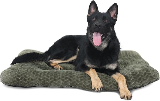 Large Dog Bed - 42 Inch Soft & Fluffy Crate Pads for Dogs Up to 90 lbs - Washable, Olive Green