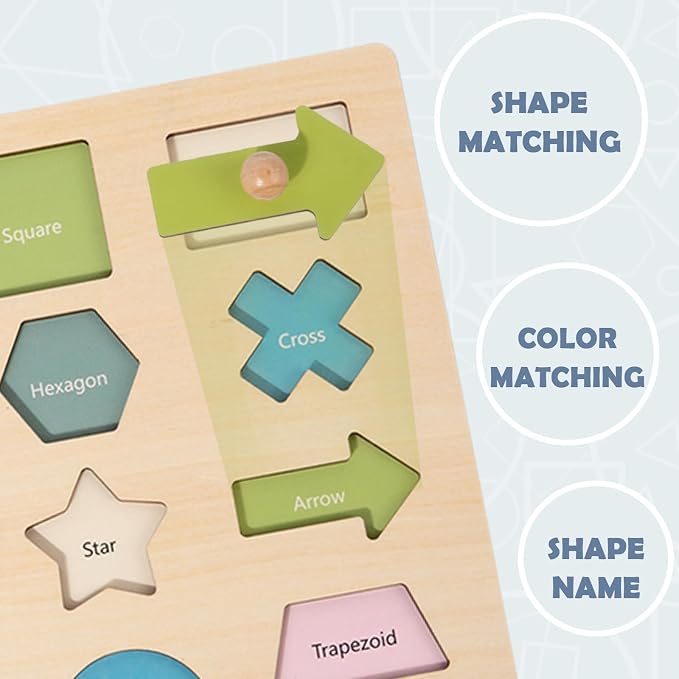 Montessori Toy for Babies 18-24 Months Wooden Shape Puzzles for Toddlers 1-3,Shape Peg Puzzles,Baby Puzzle 18-24 Months with Knob,Color & Shape Sorter for Toddlers(16 Geometric Shapes)