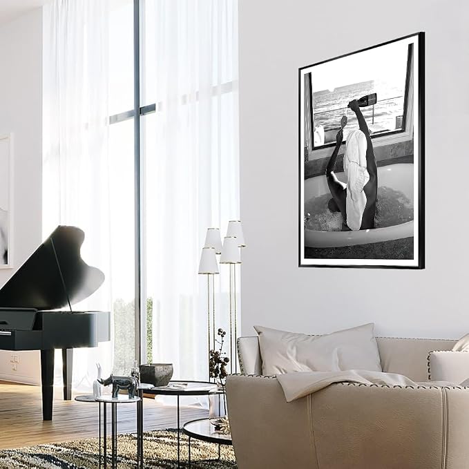 Trendy Black and White Poster Funny Woman Drinking Wine in Bathtub Wall Art
