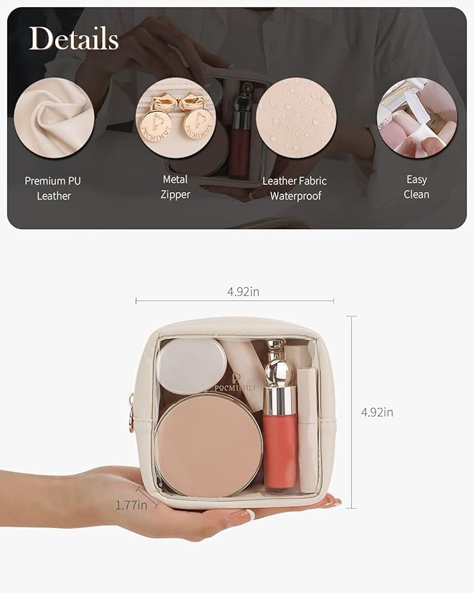 Pocmimut Mini Makeup Bag,Clear Makeup Bag Travel Toiletry Bag Pouch Purse Car Accessories Cute Stuff for Women,Travel Essentials Organizers,Beige