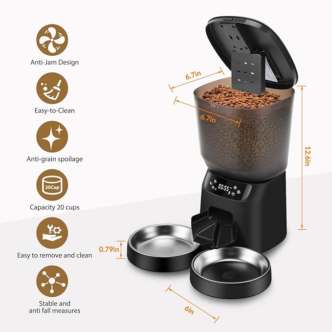 Automatic Cat Feeder and Water Fountain, 5L/20 Cups Timed Cat Dry Food Dispenser, 10s Meal Call, 20 Portions 6 Meals Per Day, 2L Cats Fountains for Drinking with Filter, Pet Feeder for Dog Black