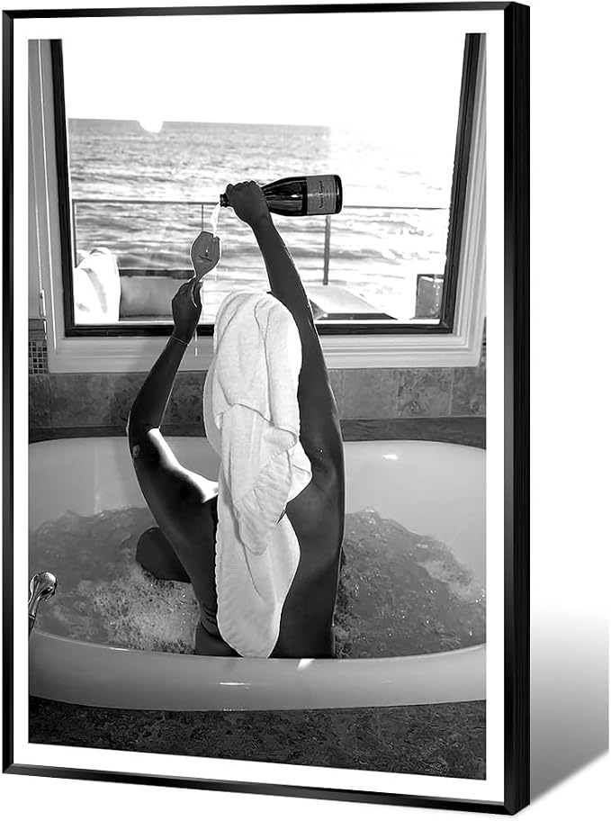 Trendy Black and White Poster Funny Woman Drinking Wine in Bathtub Wall Art