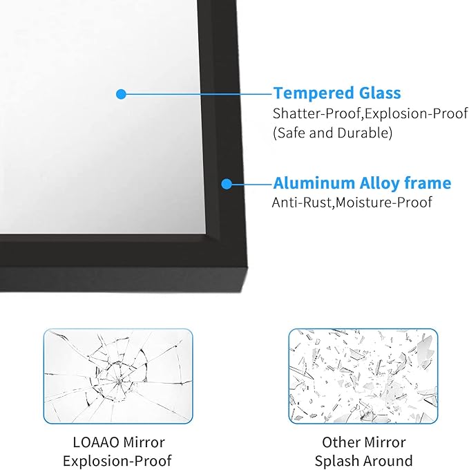 LOAAO 30"X36" Black Rectangle Bathroom Mirror Wall, Matte Black Aluminum Alloy Frame, Tempered Glass, Hangs Vertically or Horizontally, Easy to Install