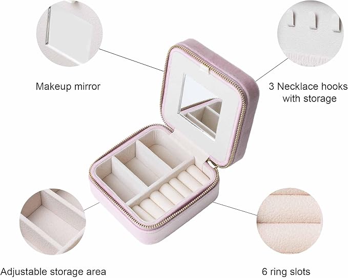 Customizable Compact Velvet Jewelry Box with Mirror, Travel Jewelry Case, Travel Jewelry Organizer, Jewelry Box for Women and Girls, Small Jewelry Organizer (Flower Design, Lavender Pink)