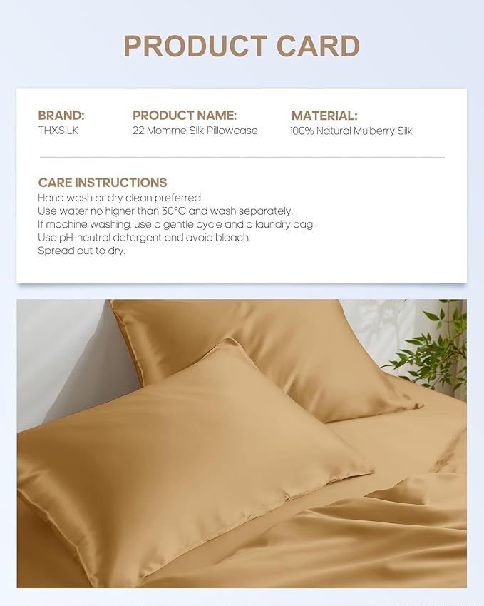 THXSILK Set of 2 100% Pure Mulberry Silk Pillowcases for Hair and Skin, 22 Momme Zipper Silk Pillow Case Standard Size, Real Silk Pillowcases with Zipper (Metallic Gold, King 20"x36")