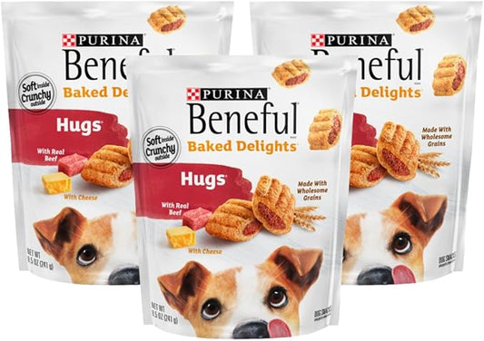 Beneful Purina Made in USA Facilities Dog Treats, Baked Delights Hugs with Real Beef & Cheese 8.5 Ounce Pouch (Pack of 3)