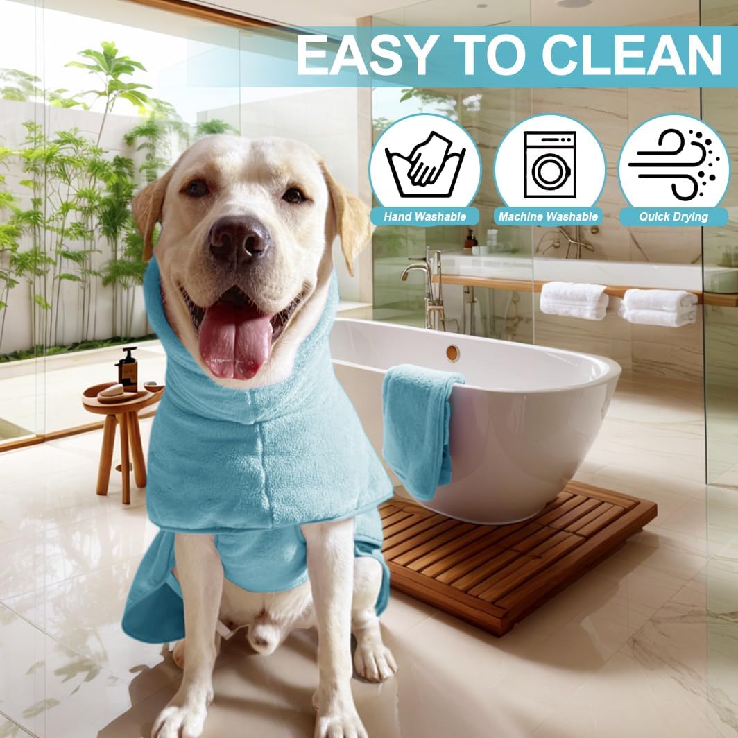 Medium to Large Size Dog Bathrobe, Quick Drying Super Absorbent Used for After Bathing, Warm Dog Towels, Adjustable Hoodies and Belts for Pet Dogs Bath Clothes Products (Blue, 2XL)