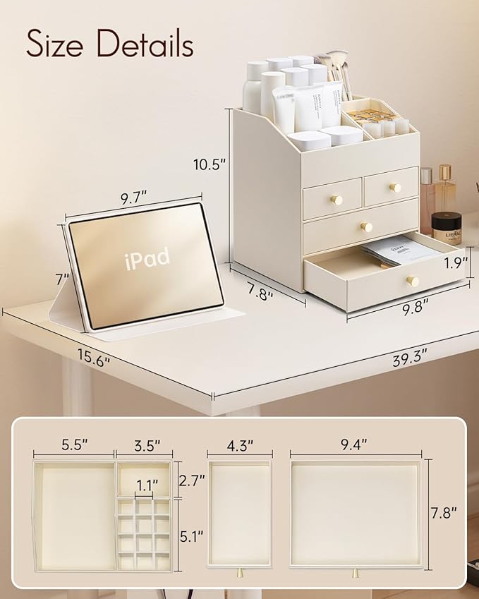 Vlando Makeup Organizer Countertop,Large Vanity Organizer PU Leather Make up Storage with 4 Drawers Perfume Organizers Cosmetic Display Case for Lipstick,Brushes,Bedroom-Beige