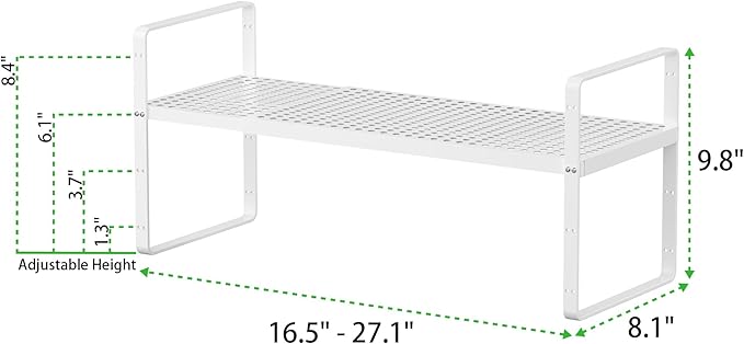 Expandable Cabinet Storage Shelf Stackable Organizer Rack for Kitchen Bathroom Pantry Spice Cupboard Coffee Countertop Home Office Desk Heavy Duty Nonslip White Small 1 Pack
