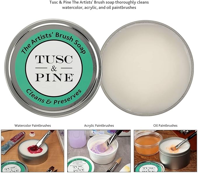 Tusc & Pine The Artists' Brush Soap - 2oz Plant-Based Brush Cleaner, Oil, Acrylic, Watercolor Paint - Nourishes Bristles; Made in North Carolina; Alkali Soap, Gentle Pine Fragrance