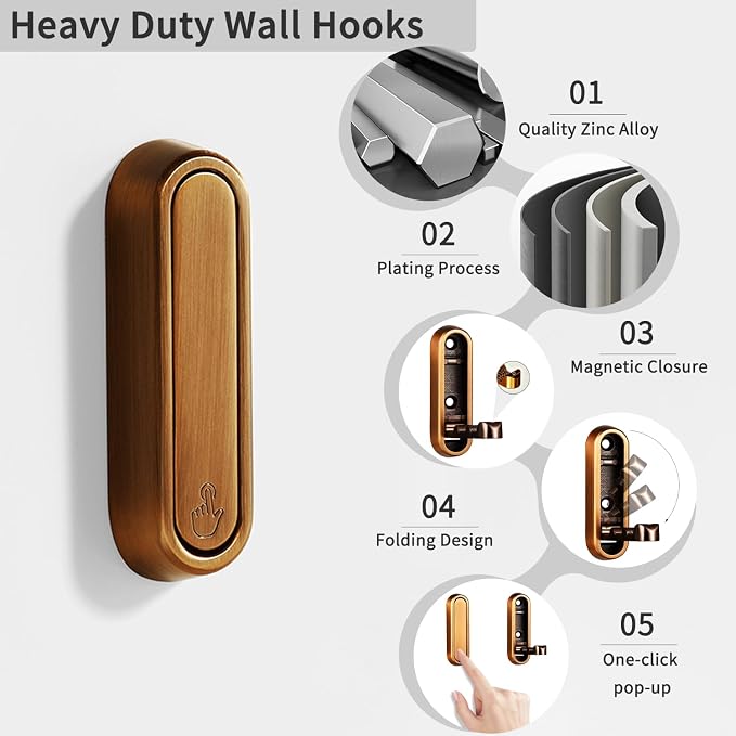 2PCS Foldable Wall Hooks, Flip Down Design
