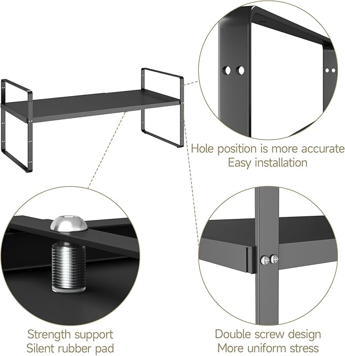16.5~27.1" Expandable Shelf Organizer, 1Pack 10.2" Wide Stackable Cabinet Shelf Organizers, Black Metal Sturdy Kitchen Counter Storage for Countertop, Adjustable Height Spice Rack