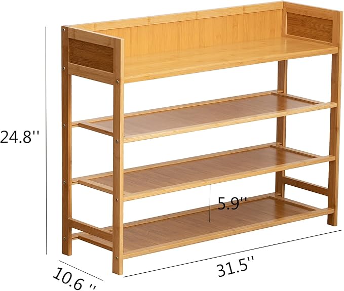 Bamboo Shoe Rack Organizer, 4 Tier Shoe Shelf Storage Organizer, for Entryway, Hallway, and Closet (Nature-31.5)